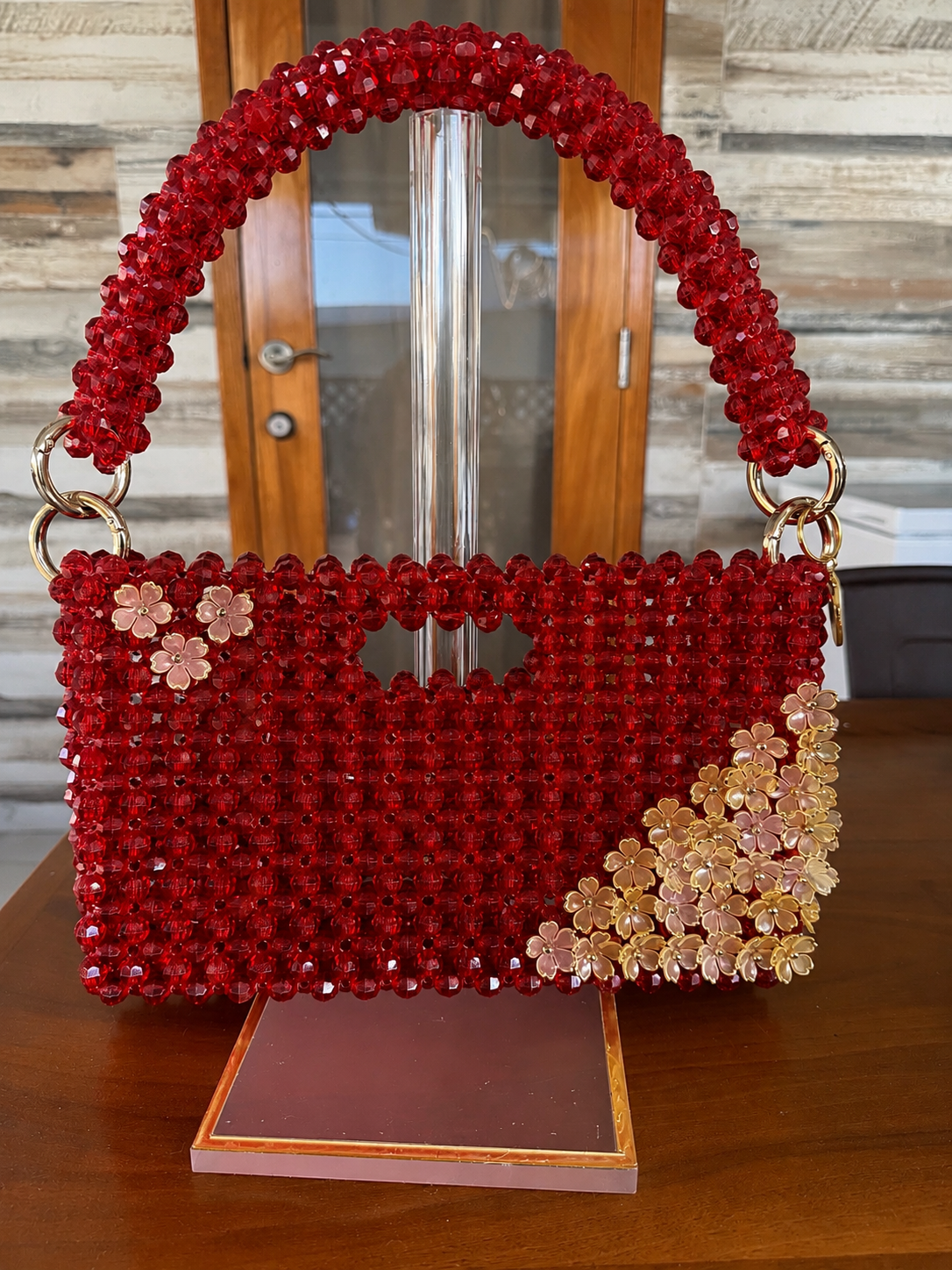 Hand made Ruby Red Beaded Purse with gold floral accents