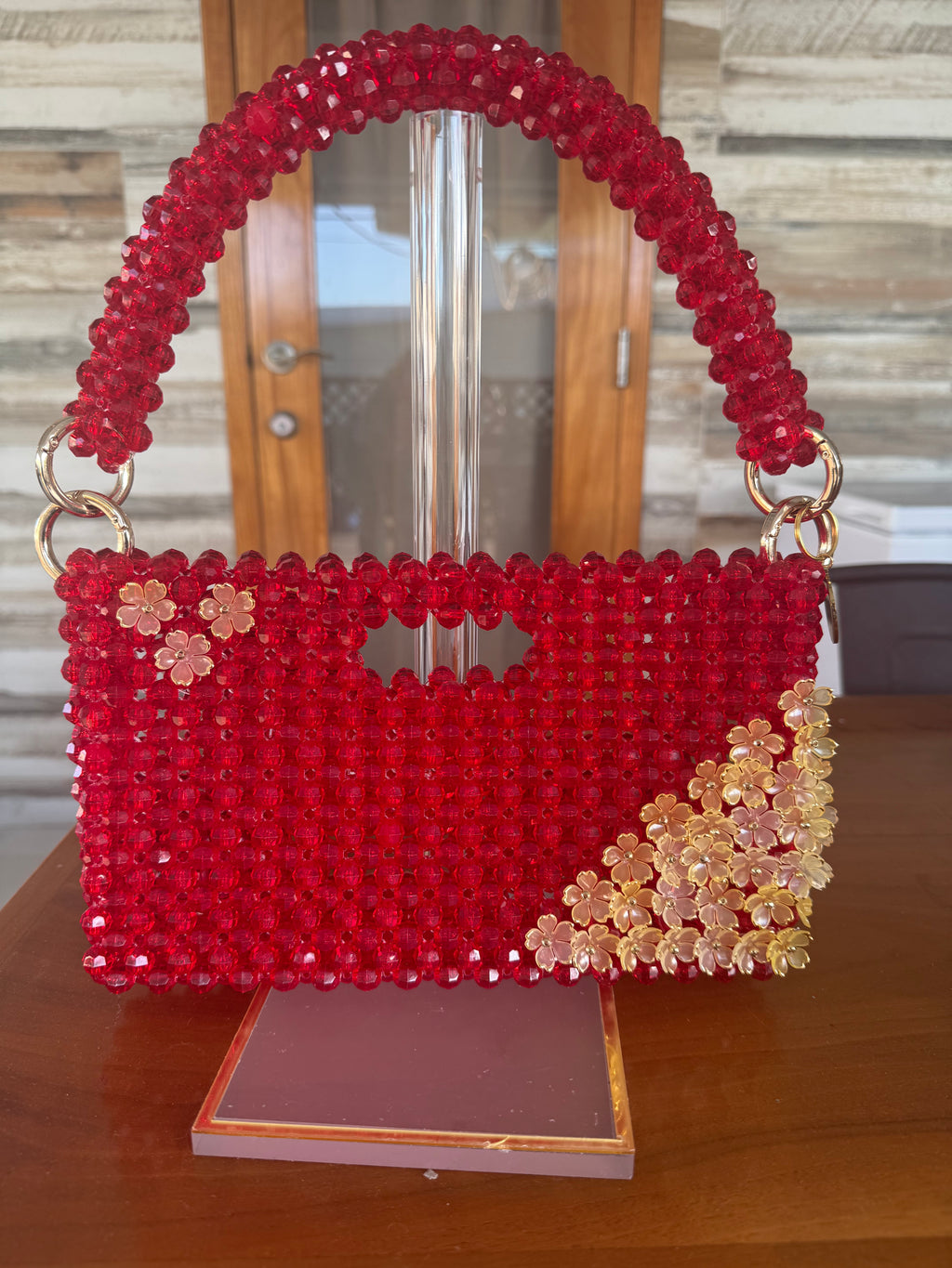Hand made Ruby Red Beaded Purse with gold floral accents