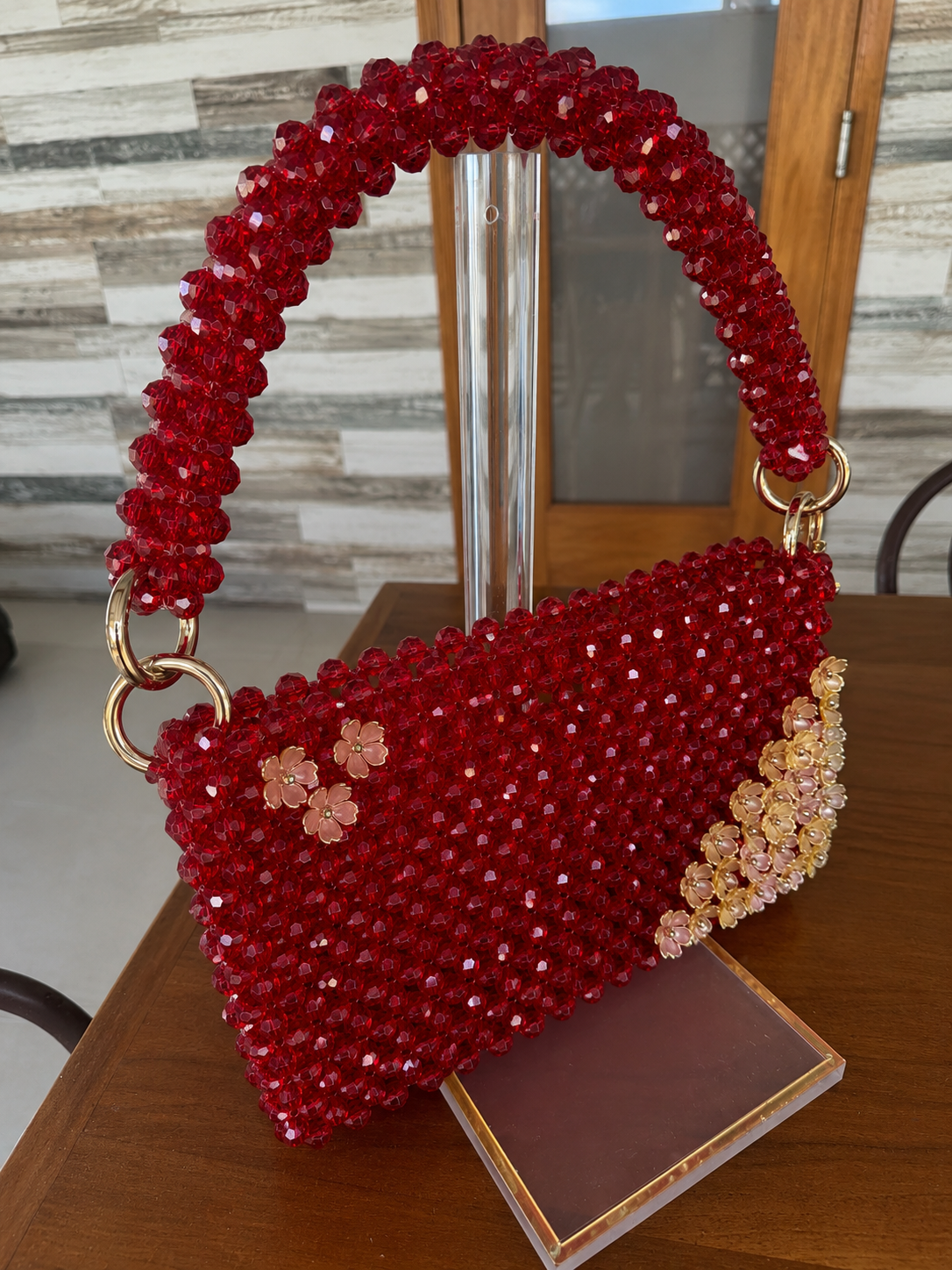 Hand made Ruby Red Beaded Purse with gold floral accents