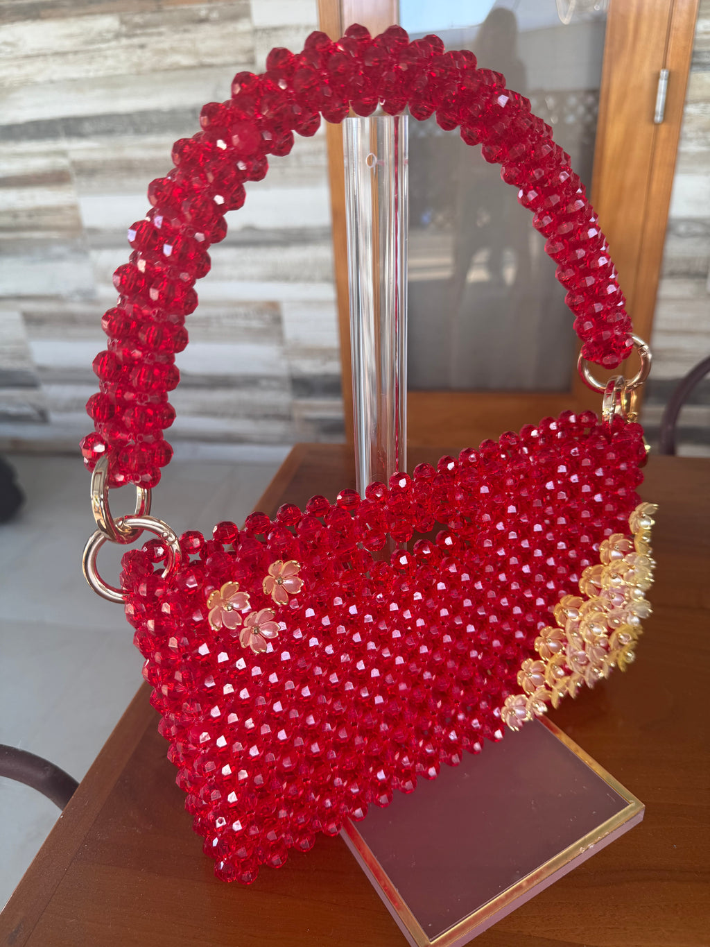 Hand made Ruby Red Beaded Purse with gold floral accents