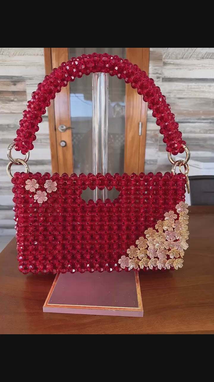 Hand made Ruby Red Beaded Purse with gold floral accents